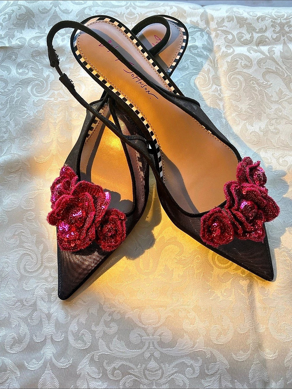 Betsey Johnson Floral Sequin Slingback Heels in Black & Pink